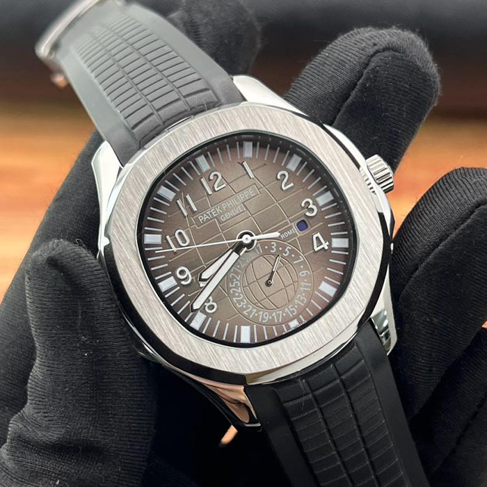 Reloj de lujo estilo Patek Philippe Geneva de 40mm, diseño automático con esfera marrón y correa de silicona negra.