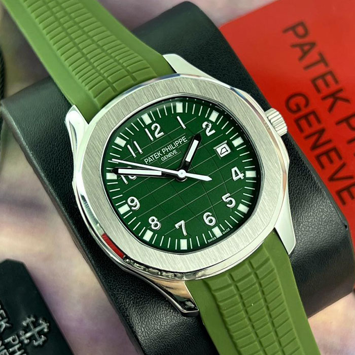 Reloj de lujo estilo Patek Philippe Geneva de 40mm, diseño automático con esfera verde y correa de silicona verde.