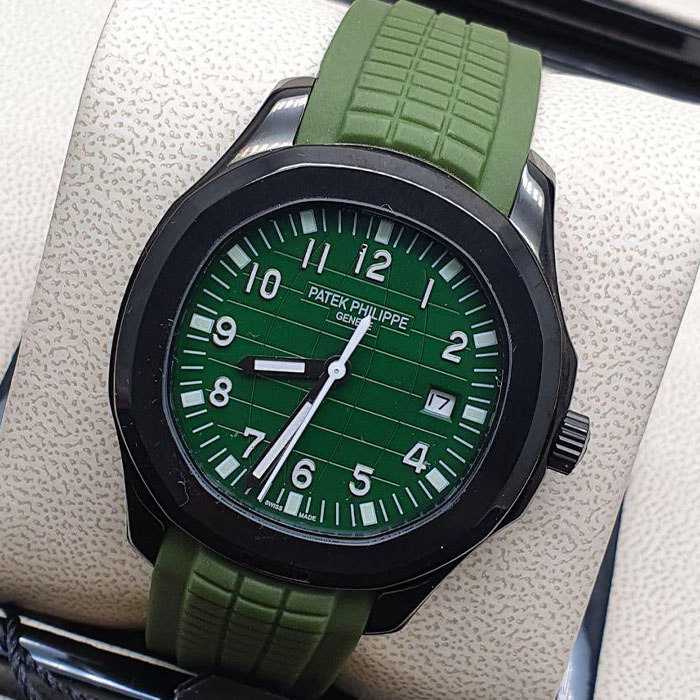 Reloj de lujo estilo Patek Philippe Geneva de 40mm, diseño automático con caja negra, esfera verde y correa de silicona verde.