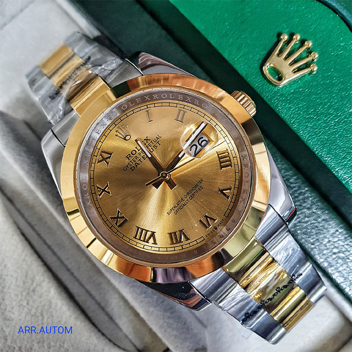 Reloj Rolex Oyster Perpetual Datejust con esfera dorada y detalles en oro amarillo, con brazalete de acero inoxidable y oro, ideal para quienes buscan lujo y elegancia en un solo reloj.