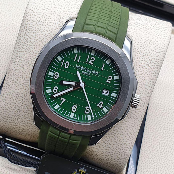 Reloj de lujo estilo Patek Philippe Geneva de 40mm, diseño automático con esfera verde, correa de silicona y caja plateada.