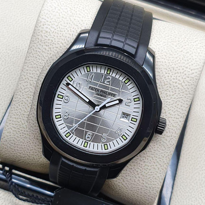Reloj de lujo estilo Patek Philippe Geneva de 40mm, diseño automático con esfera plateada, caja negra y correa de silicona.