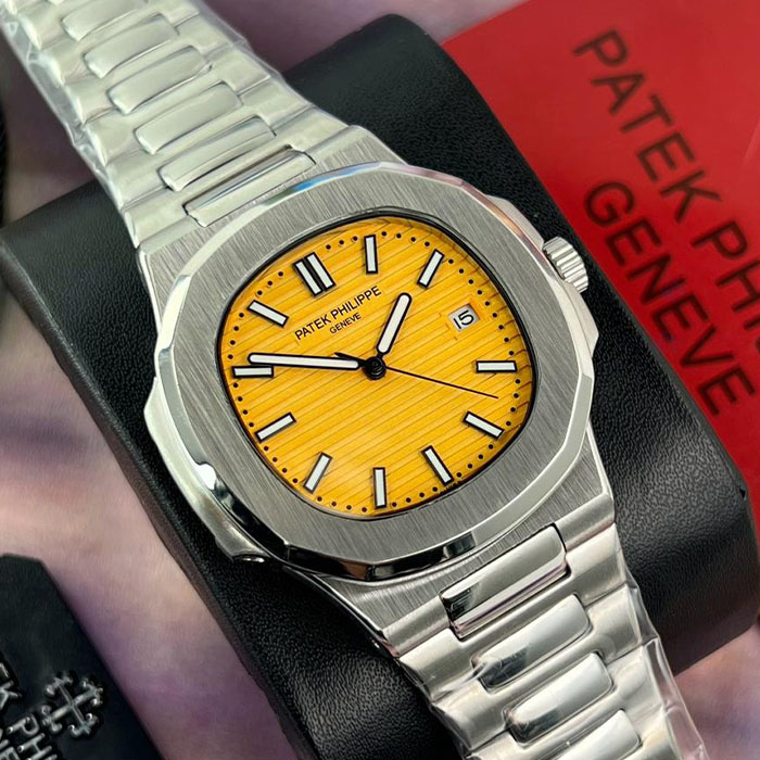 Reloj de lujo estilo Patek Philippe Geneva de 40mm, diseño automático con esfera amarilla vibrante y acabado en acero inoxidable.
