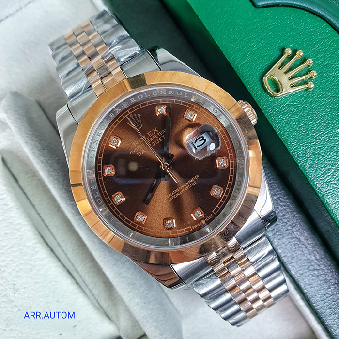 Rolex Datejust en acero inoxidable con detalles en oro rosa y esfera marrón, ideal para quienes buscan un toque de lujo y elegancia en un reloj versátil.