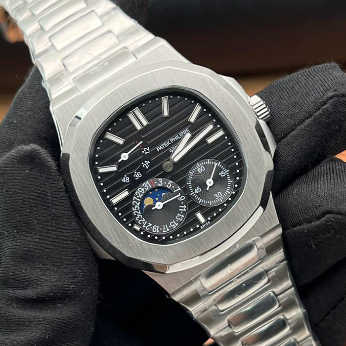 Reloj de lujo estilo Patek Philippe Geneva de 40mm, diseño con movimiento de cuerda, esfera negra multifunción y acabado en acero inoxidable.